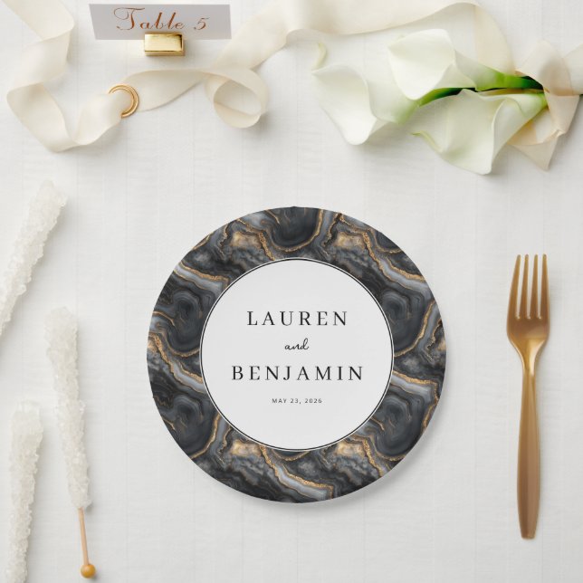 Plato De Papel Elegant Black and Gold Marbled (Boda)