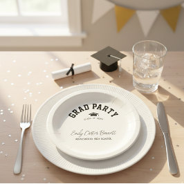 Plato De Papel Elegant Black and White Grad Hat Graduation 