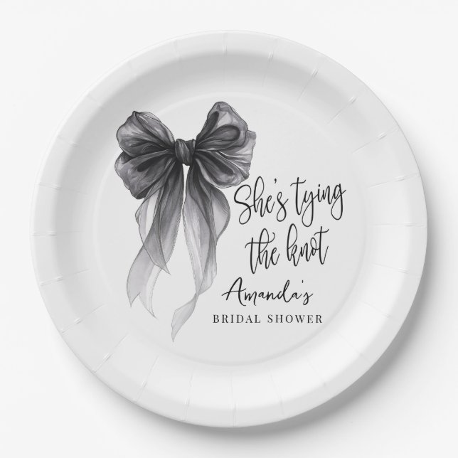 Plato De Papel Elegant Black Bow Tying The Knot Bridal Shower (Anverso)