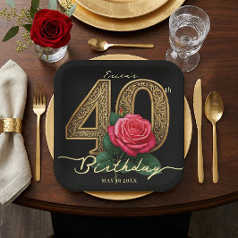 Plato De Papel Elegant Black Gold 40th Birthday Red Rose Floral