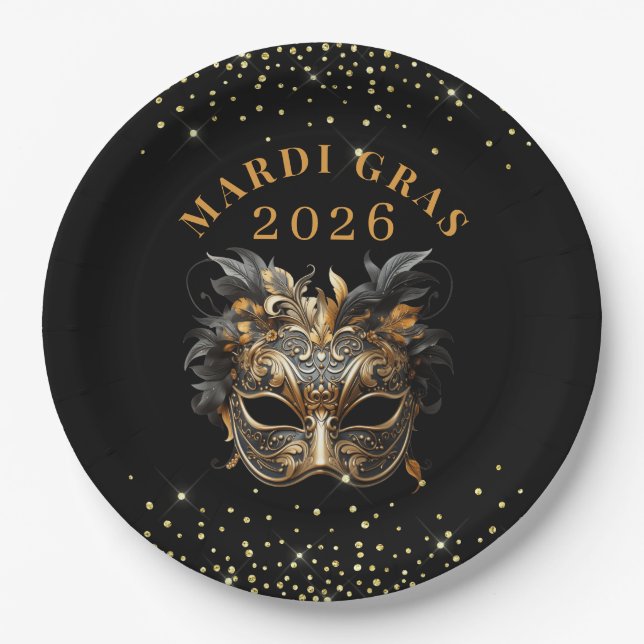 Plato De Papel Elegant Black Gold Glitter Mardi Gras 2026 (Anverso)