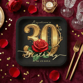 Plato De Papel Elegant Black Gold Red Rose Floral 30th Birthday