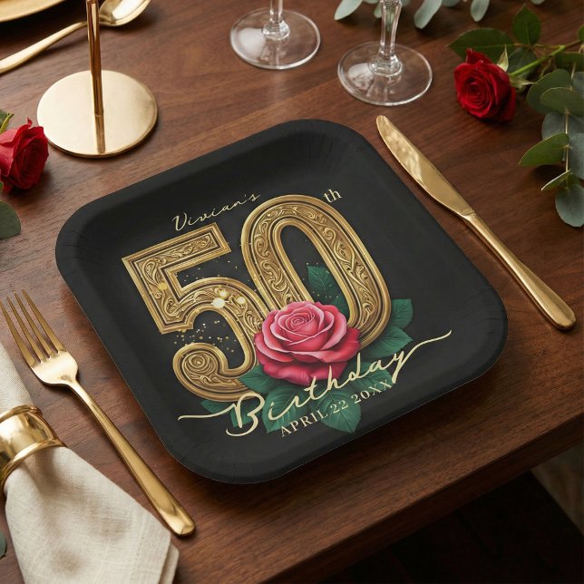 Plato De Papel Elegant Black Gold Red Rose Floral 50th Birthday (Subido por el creador)