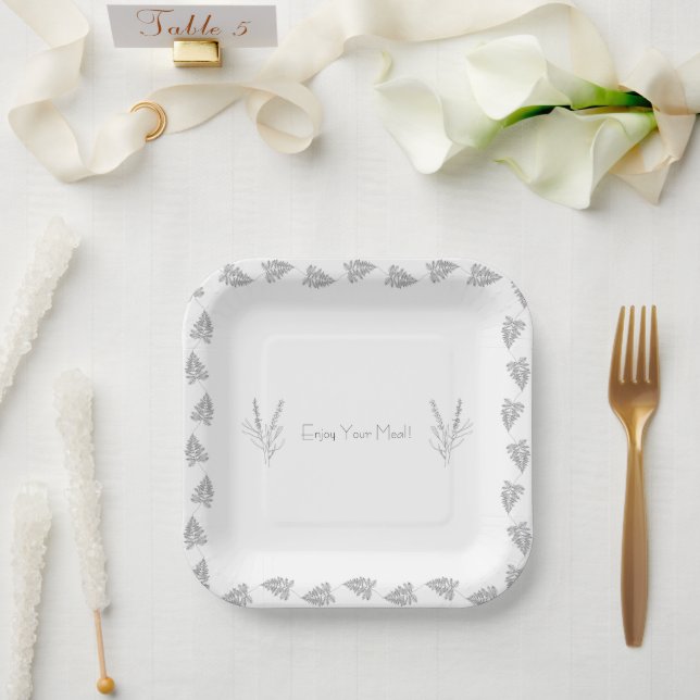 Plato De Papel Elegant Black & White Classic Botanical Line Plate (Boda)