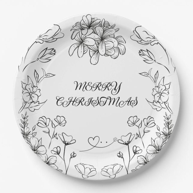 Plato De Papel Elegant Black White Floral Christmas Plate (Anverso)