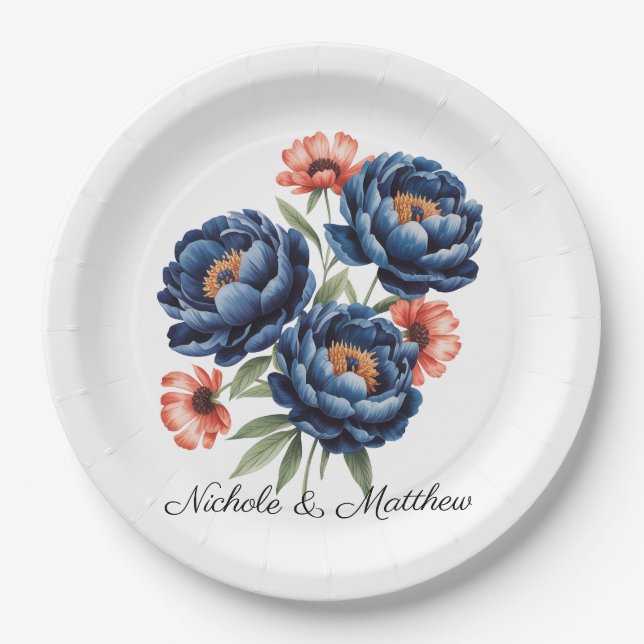 Plato De Papel Elegant Blue and Burnt Orange Floral Wedding (Anverso)