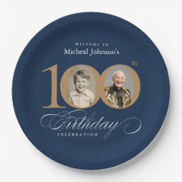 Plato De Papel Elegant Blue and Gold Custom Photo 100th Birthday 