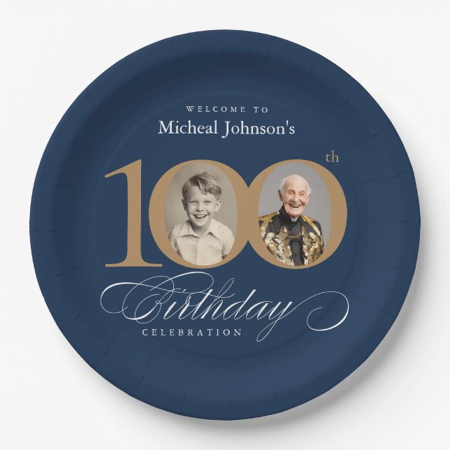Plato De Papel Elegant Blue and Gold Custom Photo 100th Birthday  (Anverso)