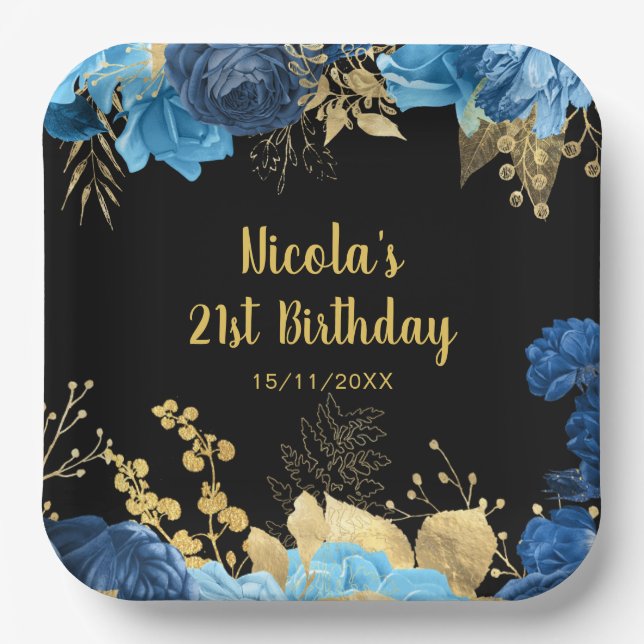 Plato De Papel Elegant Blue and Gold Flowers Birthday Party  (Anverso)