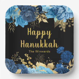 Plato De Papel Elegant Blue and Gold Flowers Hanukkah Party