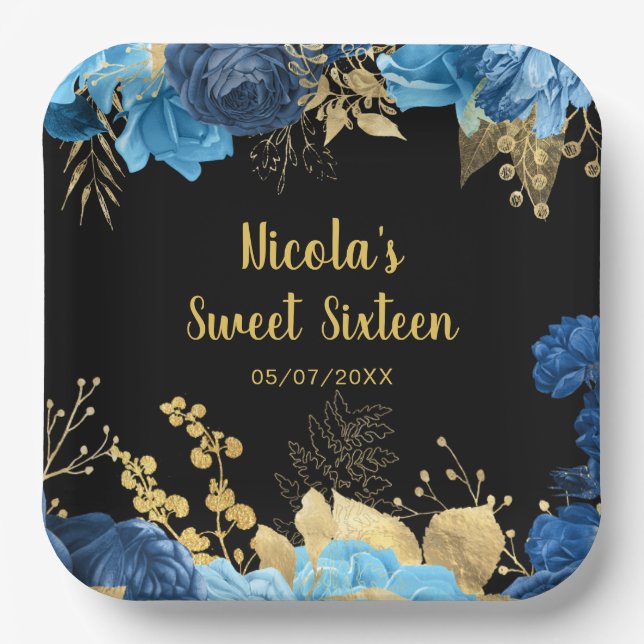 Plato De Papel Elegant Blue and Gold Flowers Sweet Sixteen (Anverso)