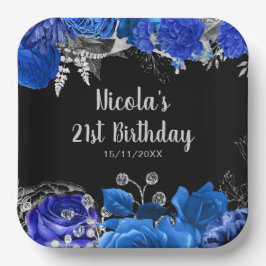 Plato De Papel Elegant Blue and Silver Flowers Birthday Party