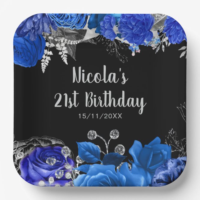 Plato De Papel Elegant Blue and Silver Flowers Birthday Party (Anverso)