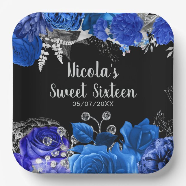 Plato De Papel Elegant Blue and Silver Flowers Sweet Sixteen (Anverso)