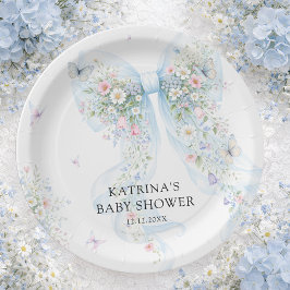 Plato De Papel Elegant Blue Bow Wildflower Baby Shower