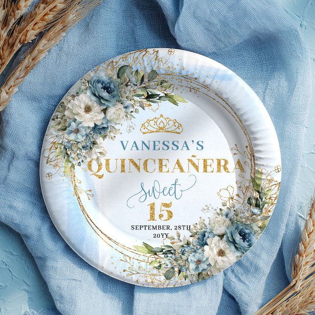 Plato De Papel Elegant Blue Floral Gold Custom Quinceañera Plates (Elegant Blue Floral Gold Custom Quinceañera Plates)