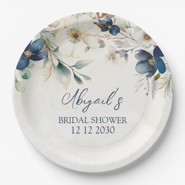Plato De Papel Elegant Blue Floral Winter Bridal Shower (Anverso)