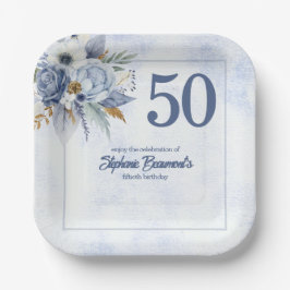 Plato De Papel Elegant Blue Florals Women's 50th Birthday Party