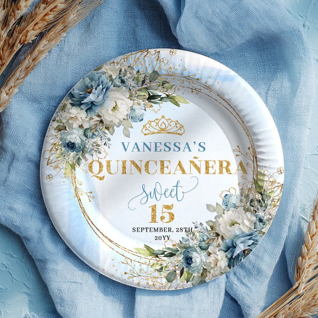 Plato De Papel Elegant Blue Flowers Greenery Gold Quince Plates (Elegant Blue Flowers Greenery Gold Quince Plates)