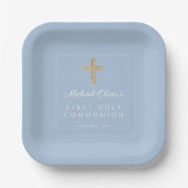 Plato De Papel Elegant Blue Religious Cross Boy First Communion