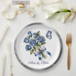 Plato De Papel Elegant Blue Roses and Butterfly Silver Wedding
