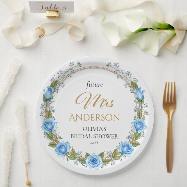 Plato De Papel Elegant Blue Roses & Baby’s Breath  (Boda)