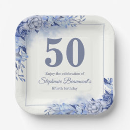 Plato De Papel Elegant Blue Roses Floral Women's 50th Birthday 