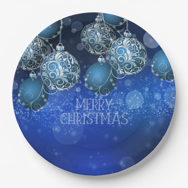 Plato De Papel Elegant Blue & Silver Baubles Christmas (Anverso)