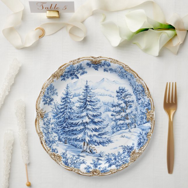 Plato De Papel Elegant Blue Toile Christmas Tree Holiday Dining  (Boda)