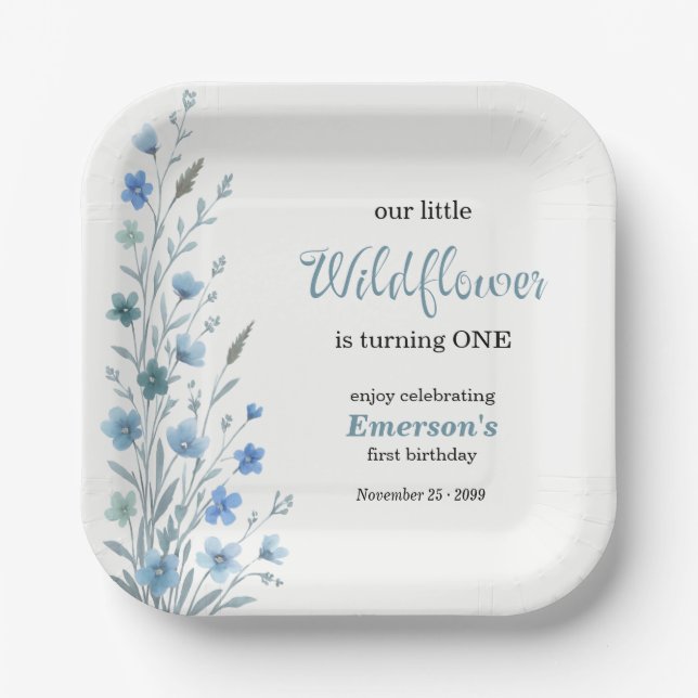 Plato De Papel Elegant Blue Wildflower 1st Birthday Party (Anverso)