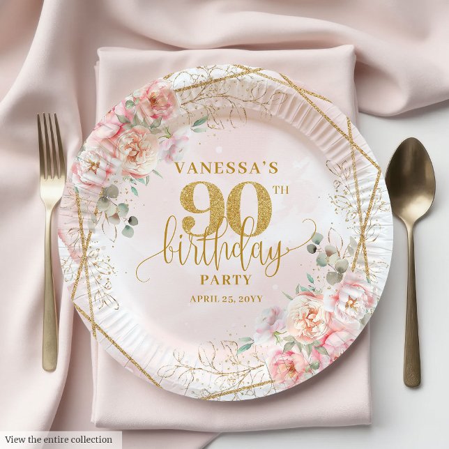 Plato De Papel Elegant Blush Floral Gold Frame 90th Birthday Plat (Elegant Blush Floral Gold Frame 90th Birthday Plates)