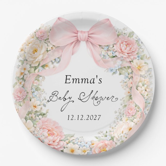 Plato De Papel Elegant Blush Pink Bow Floral Baby Shower (Anverso)