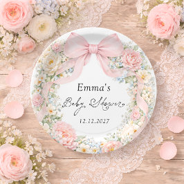 Plato De Papel Elegant Blush Pink Bow Floral Baby Shower