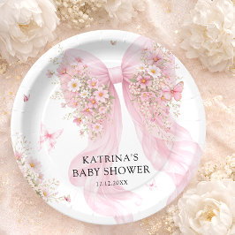 Plato De Papel Elegant Blush Pink Bow Wildflower Baby Shower