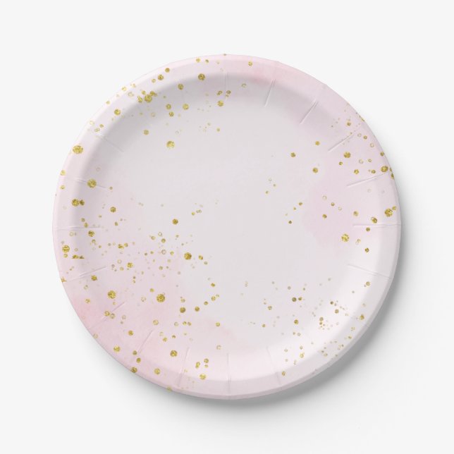 Plato De Papel Elegant Blush Pink & Gold Confetti Sweet 16 (Anverso)
