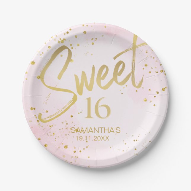 Plato De Papel Elegant Blush Pink & Gold Confetti Sweet 16 (Anverso)