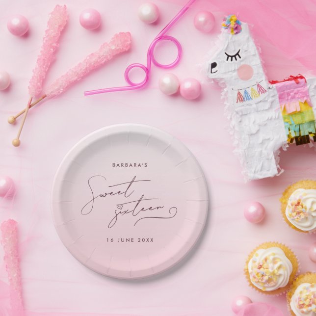 Plato De Papel Elegant Blush Pink Ombre Script Sweet Sixteen (Fiesta)