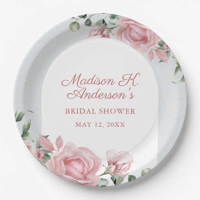 Plato De Papel Elegant Blush Pink Roses Bridal Shower (Anverso)