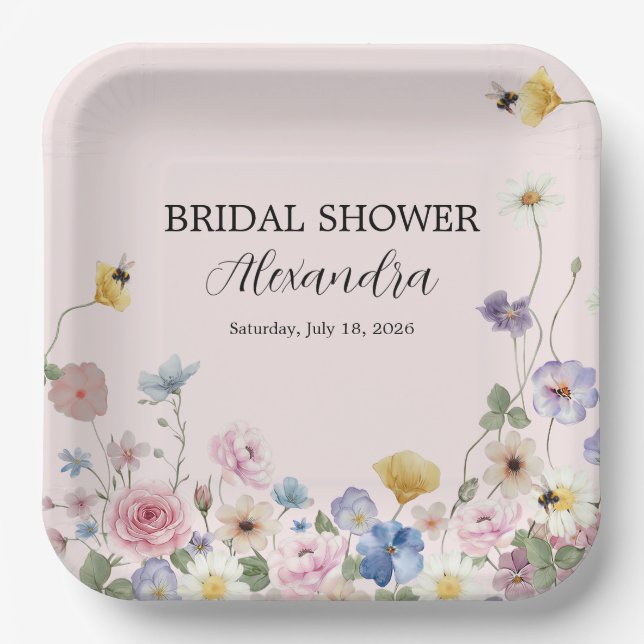 Plato De Papel Elegant Blush Pink Wildflower Bridal Shower  (Anverso)