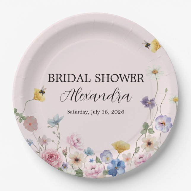 Plato De Papel Elegant Blush Pink Wildflower Bridal Shower (Anverso)