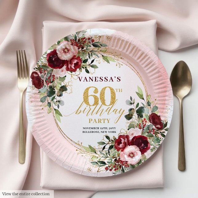 Plato De Papel Elegant Boho Burgundy Gold Floral 60th Birthday   (Elegant Boho Burgundy Gold Floral 60th Birthday Plates)