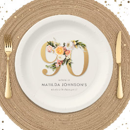 Plato De Papel Elegant Boho Floral Gold Foil 90th Birthday