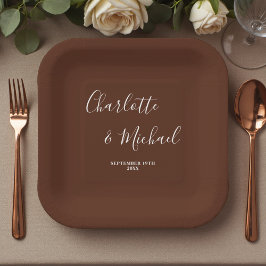 Plato De Papel Elegant Brown Script Minimalist Wedding