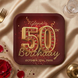 Plato De Papel Elegant Burgundy Gold Ruby Gem 50th Birthday Party