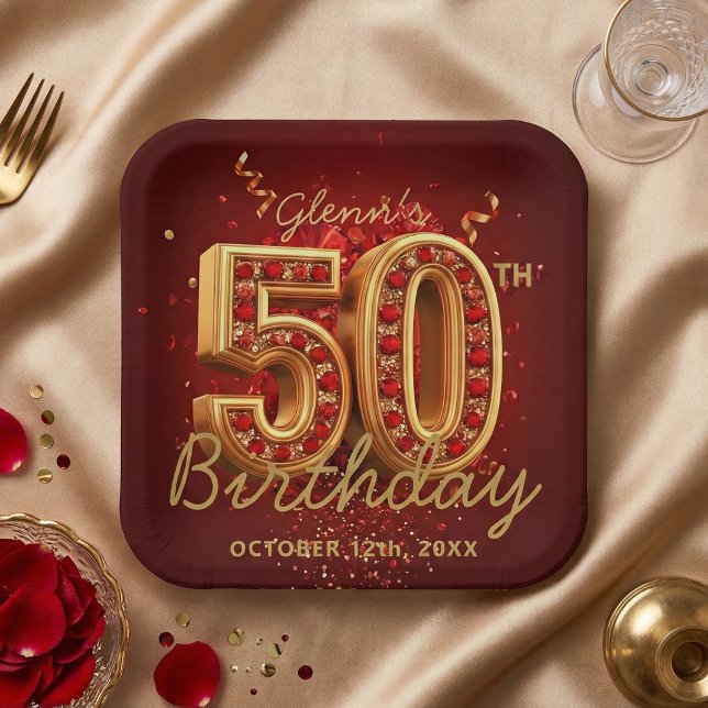 Plato De Papel Elegant Burgundy Gold Ruby Gem 50th Birthday Party (Subido por el creador)