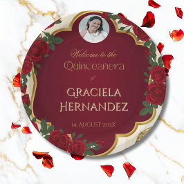 Plato De Papel Elegant Burgundy Red & Gold Rose Quinceañera 