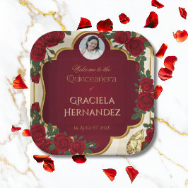 Plato De Papel Elegant Burgundy Red & Gold Rose Quinceañera 