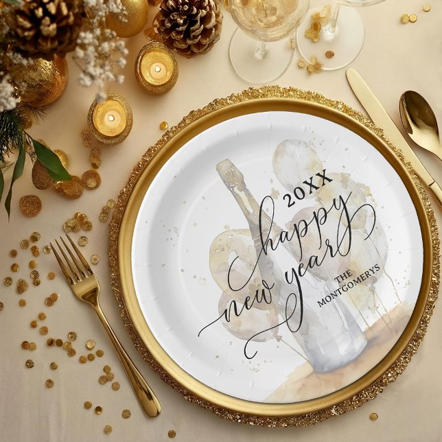 Plato De Papel Elegant Champagne and Balloons Happy New Year (Elegant Champagne and Balloons Happy New Year Paper Plates)
