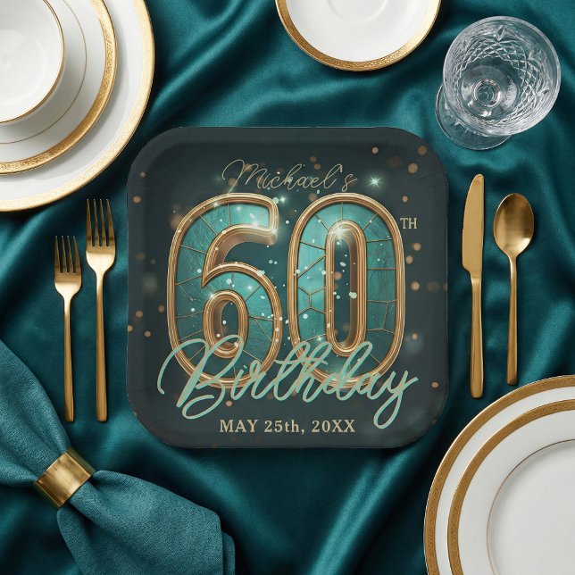Plato De Papel Elegant Chic Teal and Gold 60th Birthday Party (Subido por el creador)
