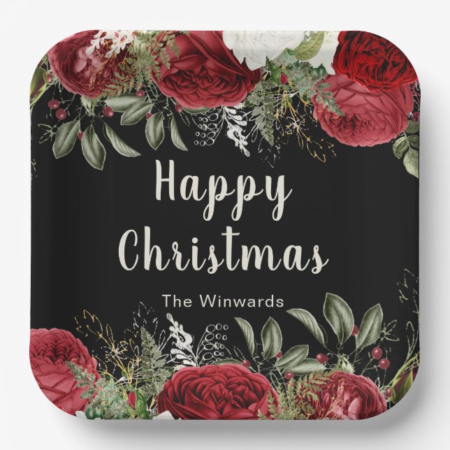 Plato De Papel Elegant Christmas Dinner Party Red Flowers (Anverso)